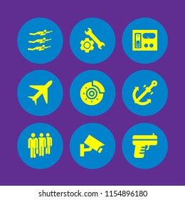safety icon. 9 safety set with worker, repair, control and gun vector icons for web and mobile app
