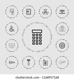 Safety icon. collection of 13 safety outline icons such as razor, safe, disabled, camera, key, intercom, radiation, shield. editable safety icons for web and mobile.