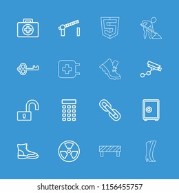 Safety icon. collection of 16 safety outline icons such as security camera, key, safe, boot, first aid, radiation, lock. editable safety icons for web and mobile.