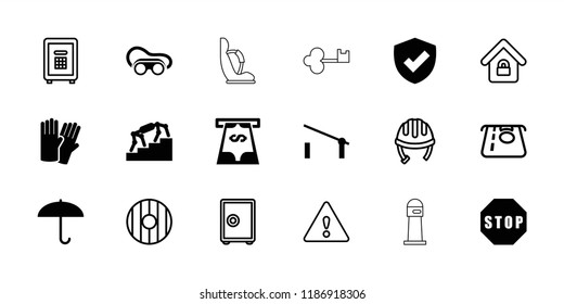 Safety icon. collection of 18 safety filled and outline icons such as barrier, glove, umbrella, shield, stop, helmet. editable safety icons for web and mobile.