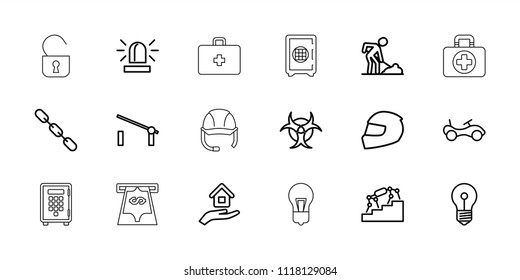 Safety icon. collection of 18 safety outline icons such as barrier, bike, siren, digging man, chain, stairs, keyhole. editable safety icons for web and mobile.