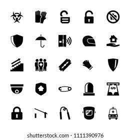 Safety icon. collection of 25 safety filled icons such as barrier, opened lock, razor, glove, home care, lock, ambulance. editable safety icons for web and mobile.