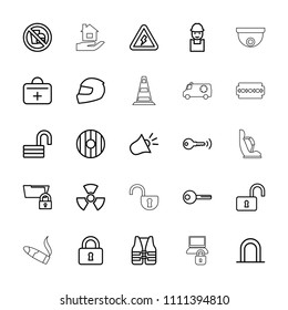 Safety icon. collection of 25 safety outline icons such as siren, opened lock, worker, lock, first aid kit, folder protection, key. editable safety icons for web and mobile.