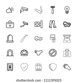 Safety icon. collection of 25 safety outline icons such as siren, children panties, razor, gloves, security camera, woman boots. editable safety icons for web and mobile.