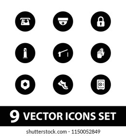 Safety icon. collection of 9 safety filled icons such as safe, atm money withdraw, boot, security camera, barrier, home security. editable safety icons for web and mobile.