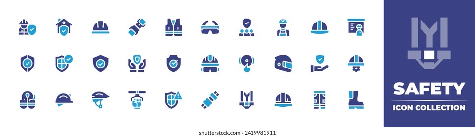 Sicherheitssymbol-Sammlung. Duotonfarbe. Vektorgrafik und transparente Illustration. Sicherheitshelm, Schild, Arbeiter, Westen, Helm, Heim, Schutzbrille, Aufmachung, Gürtel, Schutz, Feueralarm enthalten.