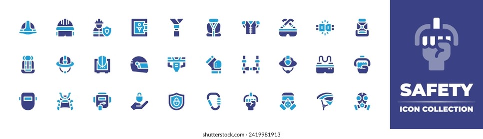 Safety icon collection. Duotone color. Vector and transparent illustration. Containing safety, seat belt, glasses, helmet, baby car seat, car chair, safe box, harness, firefighter helmet, kneepad.