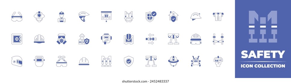 Safety icon collection. Duotone style line stroke and bold. Vector illustration. Containing security helmet, protection, helmet, welding mask, safety harness, safety box, safety, glasses, safe box.