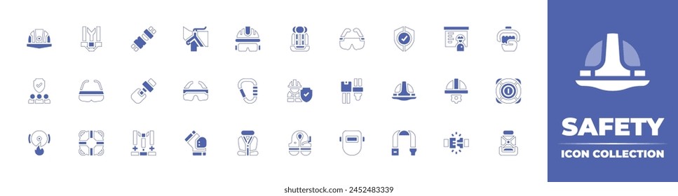 Safety icon collection. Duotone style line stroke and bold. Vector illustration. Containing shield, safety glasses, fire alarm, lifesaver, safety belt, safety harness, baby car seat, kneepad.