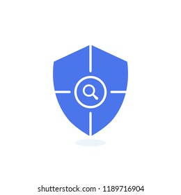 Safety icon, confirmation, shield with a checkmark, protection and security icon with research sign. Safety icon and explore, find, inspect symbol. Vector