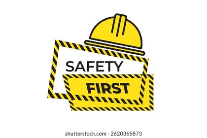 Safety icon with construction helmet and caution sign. Vector design emphasizing safety first concept for industrial and construction use.