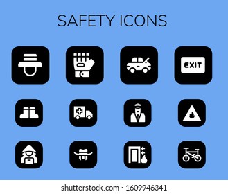 safety icon set. 12 filled safety icons.  Simple modern icons such as: Hat, Boots, Hacker, Glove, Ambulance, Damage, Security, Exit, Fire, Bicycle