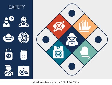 safety icon set. 13 filled safety icons.  Collection Of - Hacker, Accident, Identification, Lock, Baby monitor, Hat, Shield, Guard, Worker, Gloves, Eye scan, Armor