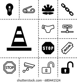Safety icon. set of 13 filled and outline safety icons such as cone, chain, stop, helmet, keyhole, pin, children panties, razor, opened lock, security camera, open lock