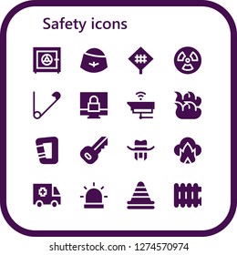  safety icon set. 16 filled safety icons. Simple modern icons about  - Safe box, Hat, Road sign, Radiation, Safety pin, Padlock, Cctv, Fire, Carabiner, Key, Dangerous, Ambulance