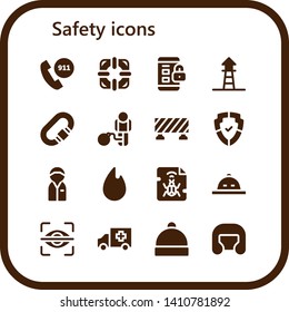 safety icon set. 16 filled safety icons.  Simple modern icons about  - Emergency call, Lifesaver, Padlock, Lifeguard, Carabiner, Restriction, Barrier, Shield, Policeman, Fire