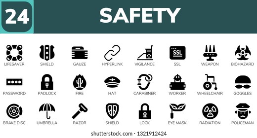 safety icon set. 24 filled safety icons.  Collection Of - Lifesaver, Shield, Gauze, Hyperlink, Vigilance, Ssl, Weapon, Biohazard, Password, Padlock, Fire, Hat, Carabiner, Worker