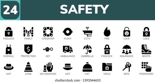 safety icon set. 24 filled safety icons.  Simple modern icons about  - Padlock, Family, Lifesaver, Float, Cctv, Fire, Lock, Overall, Protection, Key, Ambulance, Umbrella, Insurance