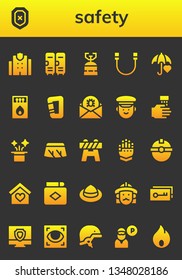 safety icon set. 26 filled safety icons.  Simple modern icons about  - Police station, Shield, Lockers, Camping gas, Rope, Umbrella, Matches, Carabiner, Virus, Police, WASHING HANDS