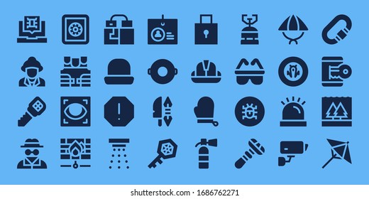 safety icon set. 32 filled safety icons. on blue background style Simple modern icons such as: Virus, Firefighter, Key, Invisible man, Safe box, Bulletproof vest, Eye scan, Firewall