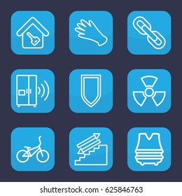 Safety icon. set of 9 outline safety icons such as gloves, home key, intercom, chain, radiation, shield, bulletproof vest, bicycle
