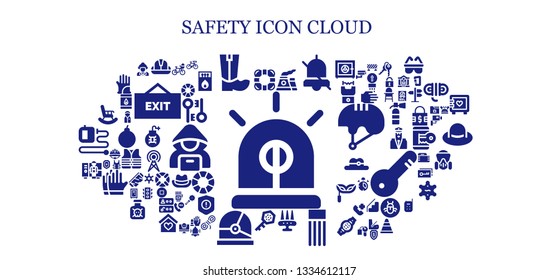 safety icon set. 93 filled safety icons.  Simple modern icons about  - Siren, Lifebuoy, Helmet, Boots, Nuclear, Alarm, Weapon, Float, Key, Worker, Retirement, Bicycle, Firefighter