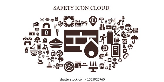 safety icon set. 93 filled safety icons.  Simple modern icons about  - Firewall, Bulletproof vest, Hat, Lifesaver, Barrier, Parking sign, Weapon, Landslide, Shield, Antiseptic