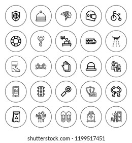 Safety icon set. collection of 25 outline safety icons with bicycle, boot, brake, bug, changing room, danger, eye mask, emergency call, gdpr, hat icons. editable icons.