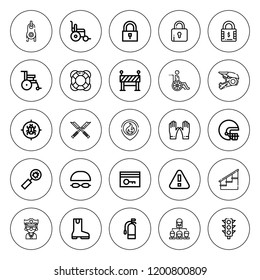 Safety icon set. collection of 25 outline safety icons with antivirus, barrier, boot, bug, extinguisher, fire, hacker, gloves, goggles, handicap, helmet icons. editable icons.
