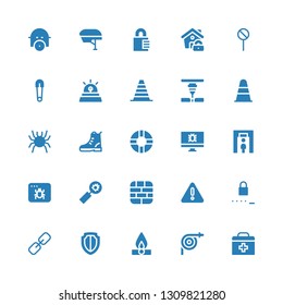 safety icon set. Collection of 25 filled safety icons included First aid, Hose, Fire, Shield, Link, Password, Warning, Firewall, Bug, Infected, Metal detector, Virus, Lifesaver