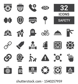 safety icon set. Collection of 32 filled safety icons included Error, Lifebuoy, Lifesaver, Virus, Poison, Medical kit, WASHING HANDS, Vpn, Warning, Walk, Glove, Link, Extinguisher