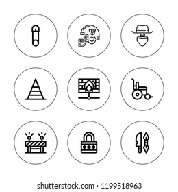 Safety icon set. collection of 9 outline safety icons with barrier, cone, gangster, helmet, firewall, padlock, safety pin, weapon icons. editable icons.