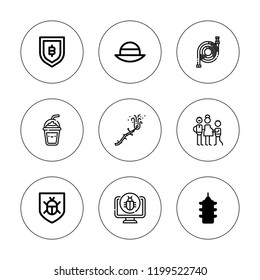 Safety icon set. collection of 9 outline safety icons with antivirus, fire, hat, hose, family, frappe, malware, security icons. editable icons.