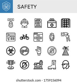 safety icon set. Collection of Shield, Password, Firefighter, Sd card, First aid kit, Rope ladder, Bicycle, Virus, Key, Biohazard, No overtaking, Glove, Antivirus, Hat, Bollard icons