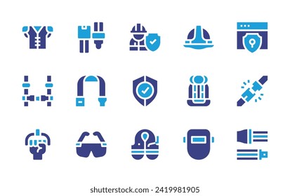 Safety icon set. Duotone color. Vector illustration. Containing worker, shield, life vest, safety belt, security, safety glasses, safety, seat belt, baby car seat, handle, welding mask.