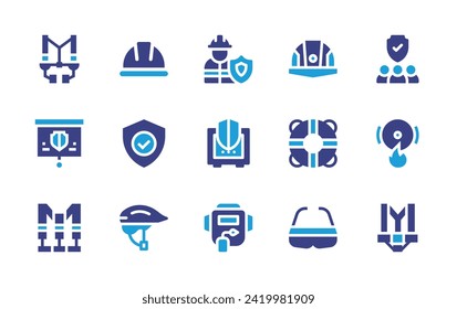 Conjunto de iconos de seguridad. Color de duotona. Ilustración vectorial. Conteniendo casco de seguridad, escudo, protección, alarma contra incendios, casco para bicicleta, arnés de seguridad, arnés, casco, seguridad, salvavidas, gafas de seguridad.