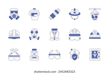 Safety icon set. Duotone style line stroke and bold. Vector illustration. Containing home, safety glasses, safety belt, hanging, safety, helmet, baby car seat, safe box, firefighter helmet.