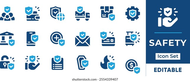 Safety Icon Set. Features editable icons for security symbols, safety, protection, risk management, insurance, and more. Perfect for financial, insurance, and security-related designs.