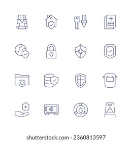 Conjunto de iconos de seguridad. Icono de línea delgada. Trazo editable. Consta de silla de auto, protección del medio ambiente, carpeta, seguro de salud, hogar, cerradura, protección, caja de seguridad, correa de seguridad, guía de seguridad, seguridad, blindaje.