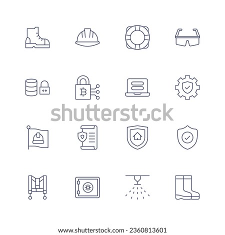 Safety icon set. Thin line icon. Editable stroke. Containing boot, database, flag, harness, helmet, lifebuoy, lock, password, principle, safe box, safety glasses, setting, shield, sprinkler.