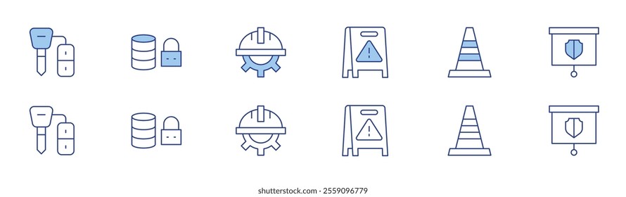 Safety icon set in two styles, Duotone and Thin Line style. Editable stroke. key, wet floor, traffic cone, database, labor day, security.