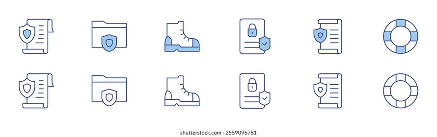Safety icon set in two styles, Duotone and Thin Line style. Editable stroke. contract, file, folder, boot, principle, rubber ring.