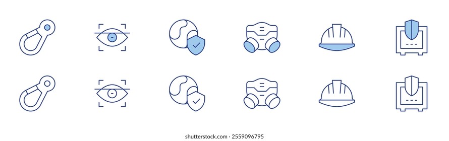 Safety icon set in two styles, Duotone and Thin Line style. Editable stroke. gas mask, carabiner, eye scan, environment protection, helmet, safe box.