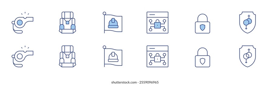 Safety icon set in two styles, Duotone and Thin Line style. Editable stroke. whistle, protection, car chair, lock, flag, safety.