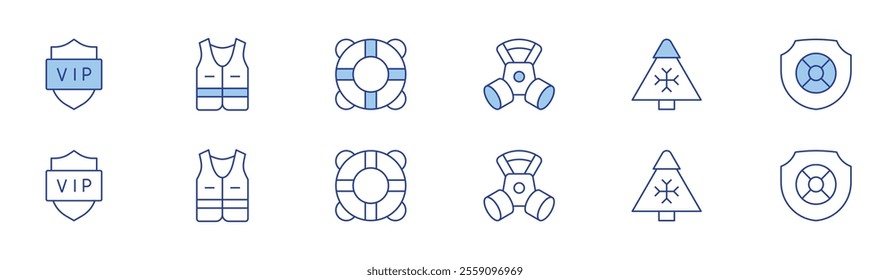 Safety icon set in two styles, Duotone and Thin Line style. Editable stroke. shield, safety mask, high visibility vest, snow, lifesaver.