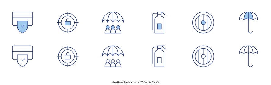 Safety icon set in two styles, Duotone and Thin Line style. Editable stroke. safety, target, fire extinguisher, risk management, shield, umbrella.
