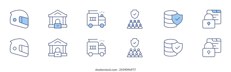 Safety icon set in two styles, Duotone and Thin Line style. Editable stroke. safety, helmet, protection, confidentiality, bank, fire truck.