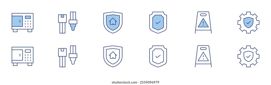 Safety icon set in two styles, Duotone and Thin Line style. Editable stroke. safety box, shield, wet floor, safety belt, setting.
