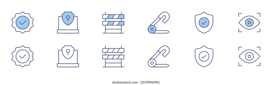 Safety icon set in two styles, Duotone and Thin Line style. Editable stroke. quality, safety pin, security, shield, barricade, vision.