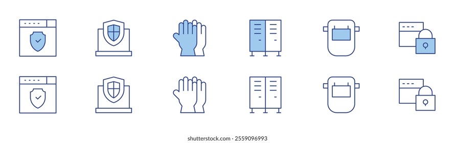 Safety icon set in two styles, Duotone and Thin Line style. Editable stroke. lockers, welding mask, browser, shield, padlock, gloves.